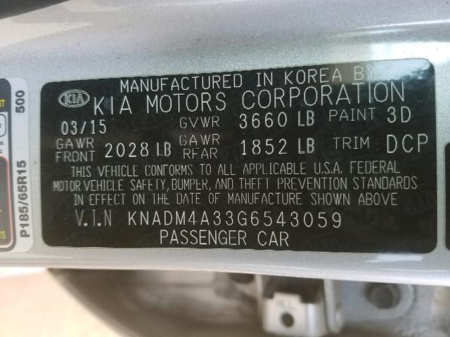 KNADM4A33G6543059 - 2016 KIA RIO LX SILVER photo 10