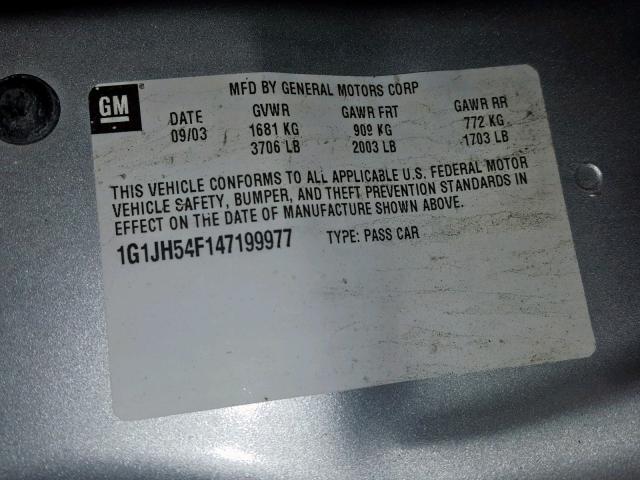 1G1JH54F147199977 - 2004 CHEVROLET CAVALIER L GRAY photo 10