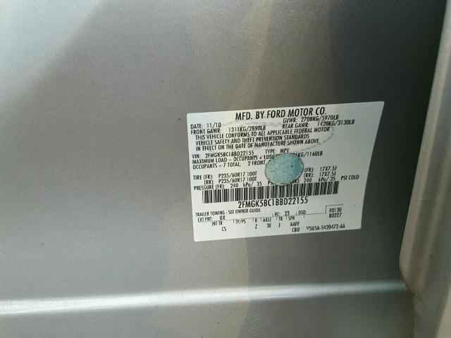 2FMGK5BC1BBD22155 - 2011 FORD FLEX SE SILVER photo 10