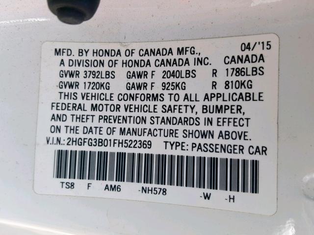 2HGFG3B01FH522369 - 2015 HONDA CIVIC EXL 米色 照片 10