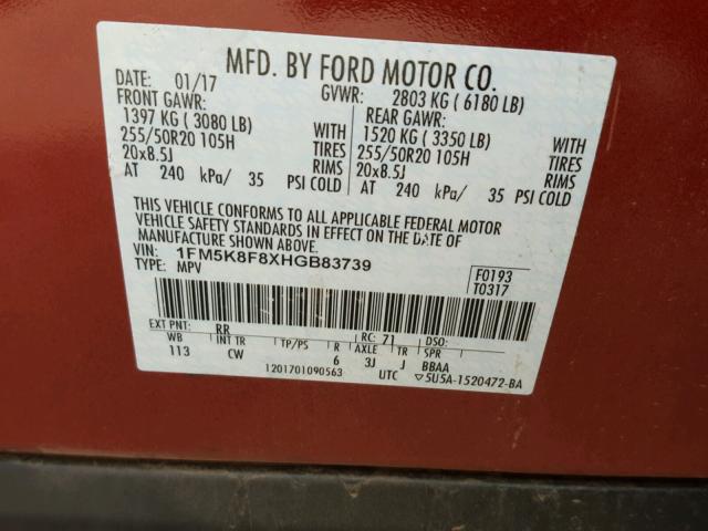 1FM5K8F8XHGB83739 - 2017 FORD EXPLORER L RED photo 10