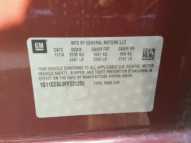1G11C5SL9FF231283 - 2015 CHEVROLET MALIBU 1LT BURGUNDY photo 10
