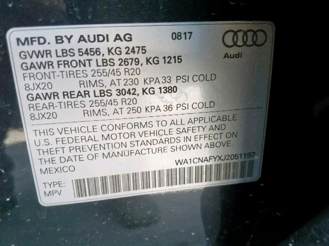 WA1CNAFYXJ2051197 - 2018 AUDI Q5 PRESTIG GRAY photo 10