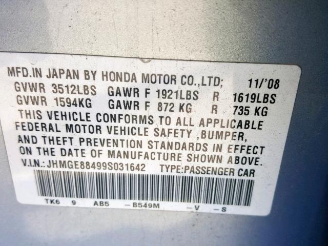 JHMGE88499S031642 - 2009 HONDA FIT SPORT BLUE photo 10