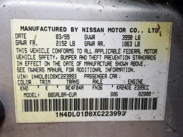 1N4DL01D8XC223993 - 1999 NISSAN ALTIMA XE SILVER photo 10