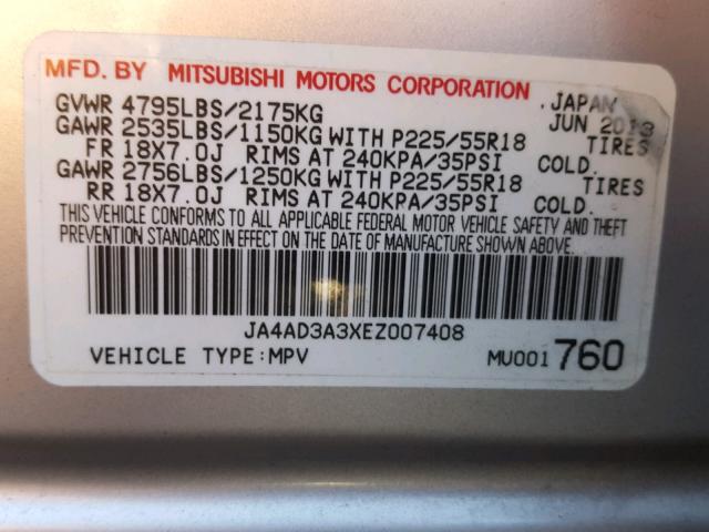 JA4AD3A3XEZ007408 - 2014 MITSUBISHI OUTLANDER SILVER photo 10