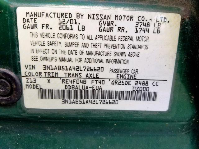 3N1AB51A42L726620 - 2002 NISSAN SENTRA SE- GREEN photo 10