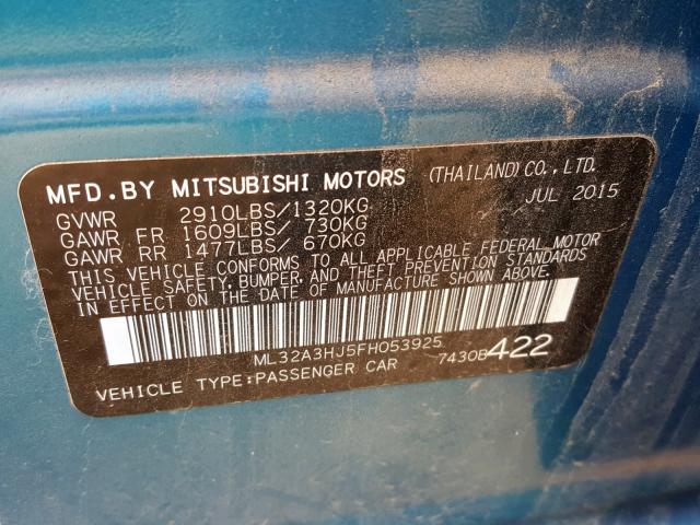 ML32A3HJ5FH053925 - 2015 MITSUBISHI MIRAGE DE BLUE photo 10