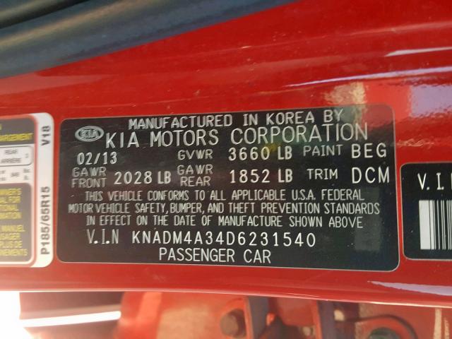 KNADM4A34D6231540 - 2013 KIA RIO LX RED photo 10