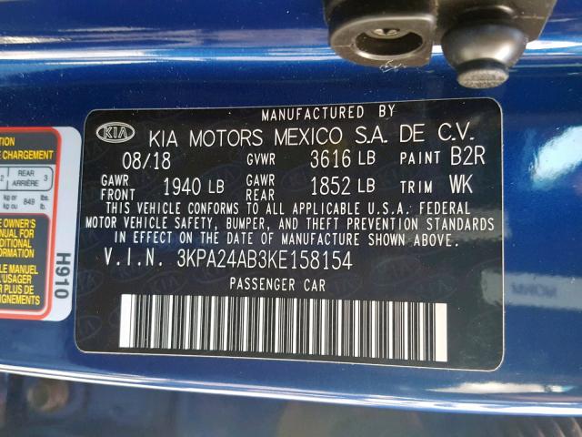 3KPA24AB3KE158154 - 2019 KIA RIO S BLUE photo 10