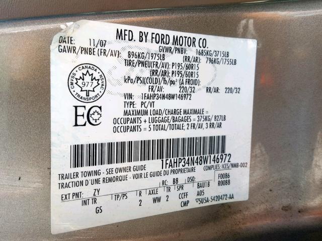 1FAHP34N48W146972 - 2008 FORD FOCUS S/SE SILVER photo 10