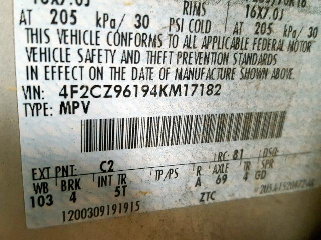 4F2CZ96194KM17182 - 2004 MAZDA TRIBUTE ES 金色 照片 10