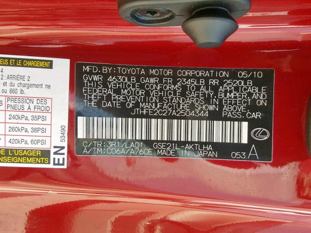 JTHFE2C27A2504344 - 2010 LEXUS IS 350 RED photo 10