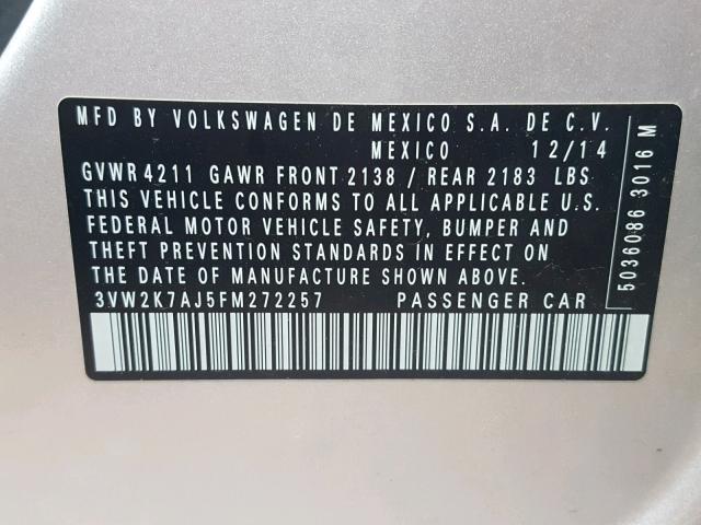 3VW2K7AJ5FM272257 - 2015 VOLKSWAGEN JETTA BASE Արծաթագույն լուսանկար 10
