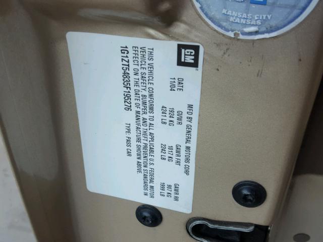 1G1ZT54835F195276 - 2005 CHEVROLET MALIBU LS Dorado foto 10