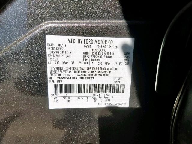 2FMPK4J8XJBB89823 - 2018 FORD EDGE SEL GRAY photo 10