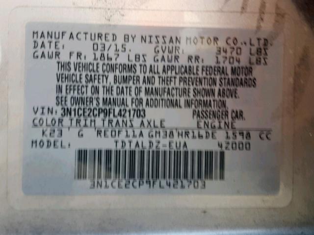 3N1CE2CP9FL421703 - 2015 NISSAN VERSA NOTE SILVER photo 10