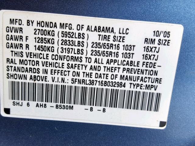 5FNRL38716B032984 - 2006 HONDA ODYSSEY EX BLUE photo 10