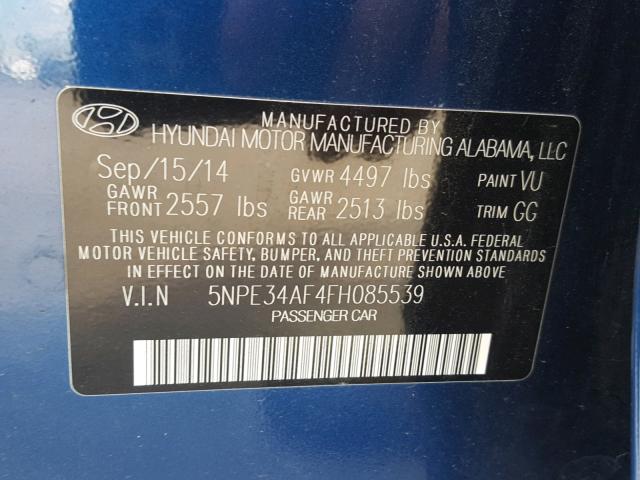 5NPE34AF4FH085539 - 2015 HYUNDAI SONATA SPO BLUE photo 10