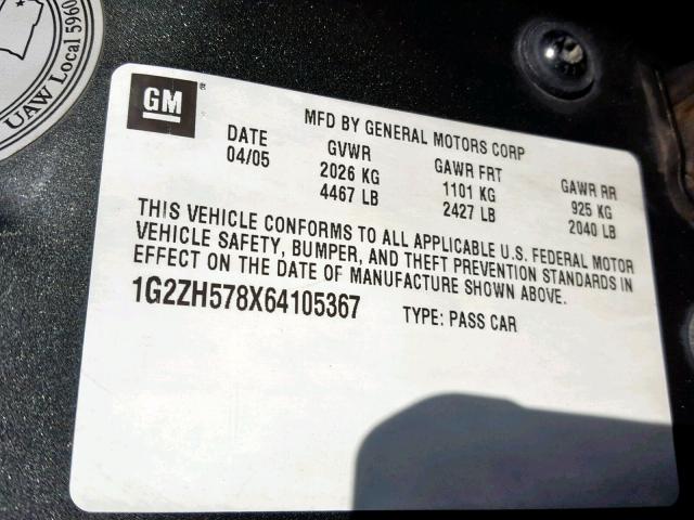 1G2ZH578X64105367 - 2006 PONTIAC G6 GT GRAY photo 10