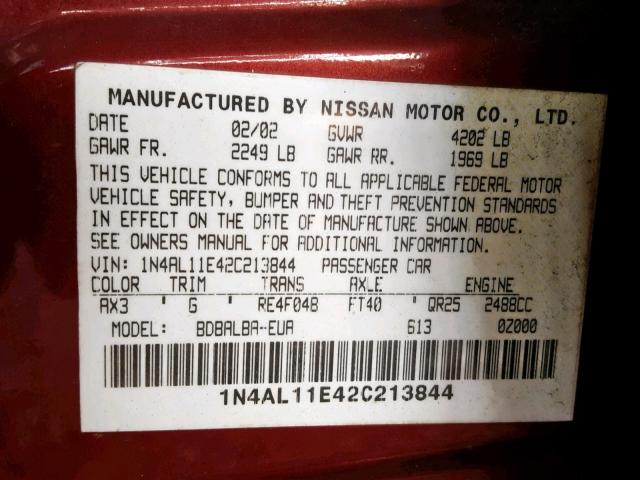 1N4AL11E42C213844 - 2002 NISSAN ALTIMA BAS RED photo 10