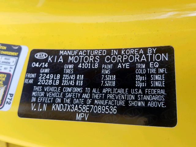 KNDJX3A58E7089536 - 2014 KIA SOUL ! YELLOW photo 10