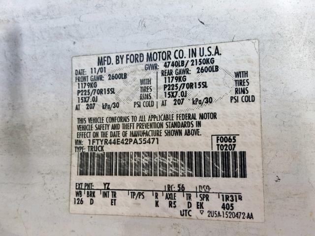 1FTYR44E42PA55471 - 2002 FORD RANGER SUP WHITE photo 10