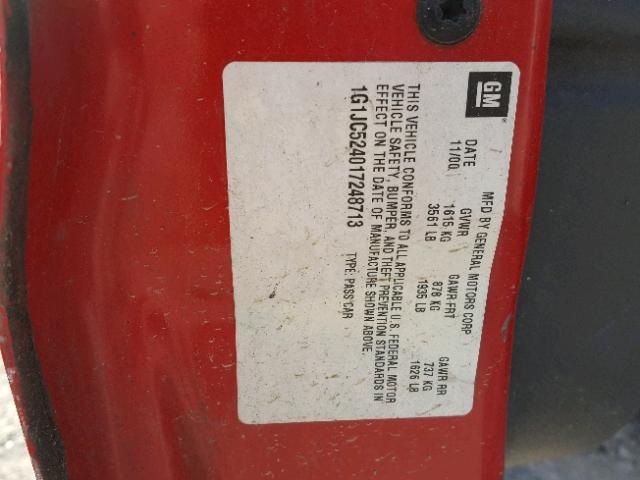 1G1JC524017248713 - 2001 CHEVROLET CAVALIER B RED photo 10