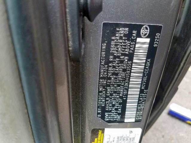 4T1BF32K94U583556 - 2004 TOYOTA CAMRY LE GRAY photo 10