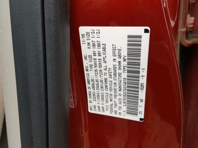 5J8TB18207A014618 - 2007 ACURA RDX RED photo 10