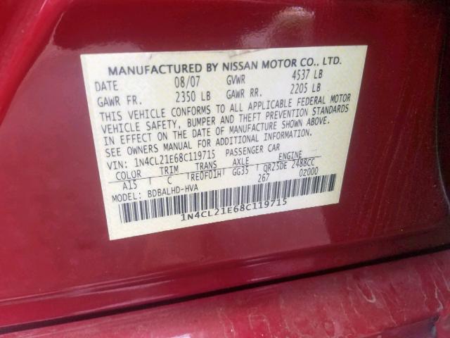 1N4CL21E68C119715 - 2008 NISSAN ALTIMA HYB RED photo 10