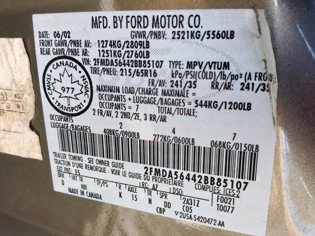 2FMDA56442BB85107 - 2002 FORD WINDSTAR S GOLD photo 10