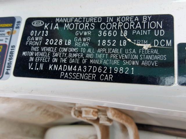 KNADM4A37D6219821 - 2013 KIA RIO LX WHITE photo 10