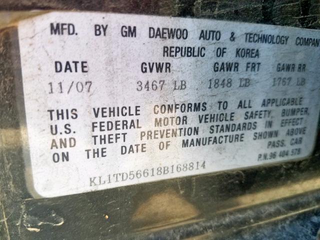 KL1TD56618B168814 - 2008 CHEVROLET AVEO BASE შავი ფოტო 10