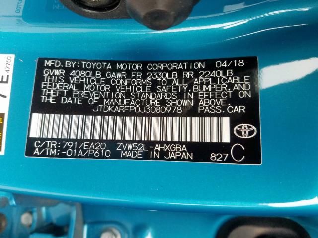 JTDKARFP0J3080978 - 2018 TOYOTA PRIUS PRIM 蓝色 照片 10