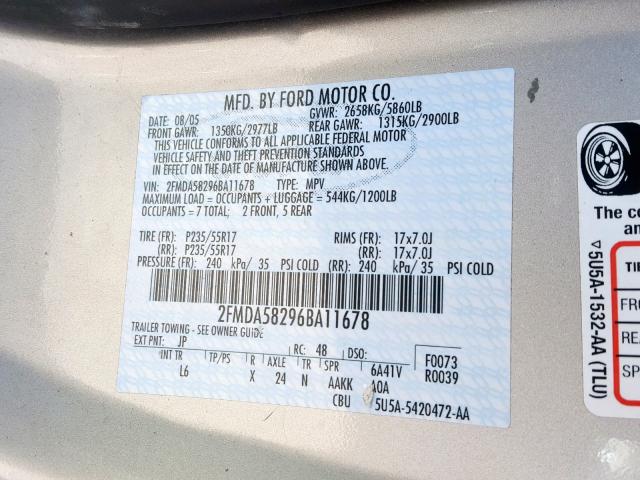 2FMDA58296BA11678 - 2006 FORD FREESTAR L SILVER photo 10