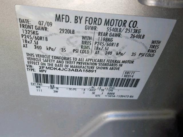 2FMDK4JC3ABA15891 - 2010 FORD EDGE SEL SILVER photo 10