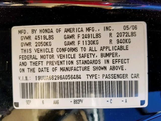 19UUA66296A056484 - 2006 ACURA 3.2TL BLACK photo 10