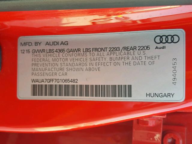 WAUA7GFF7G1065482 - 2016 AUDI A3 PREMIUM RED photo 10