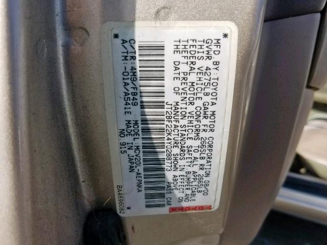 JT2BF22K4Y0288773 - 2000 TOYOTA CAMRY CE BEIGE photo 10