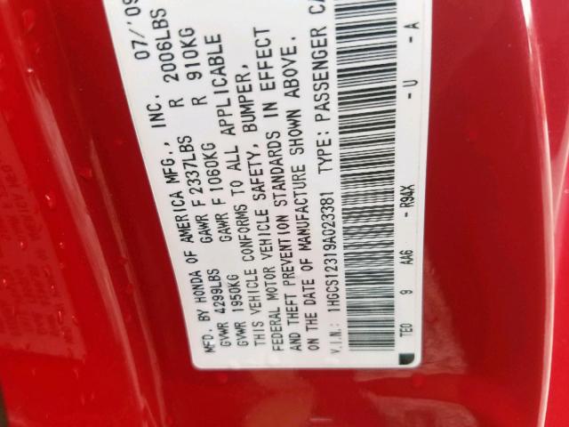 1HGCS12319A023381 - 2009 HONDA ACCORD LX RED photo 10