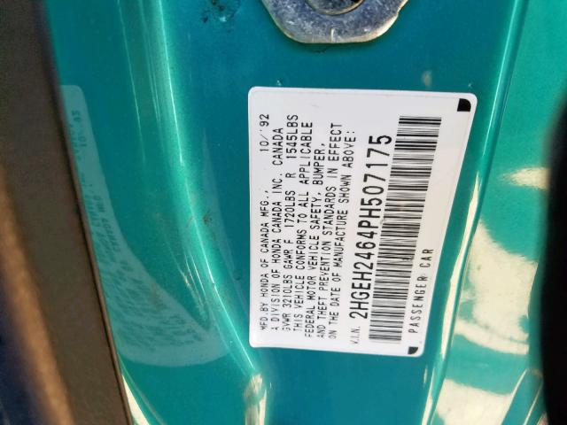 2HGEH2464PH507175 - 1993 HONDA CIVIC DX GREEN photo 10