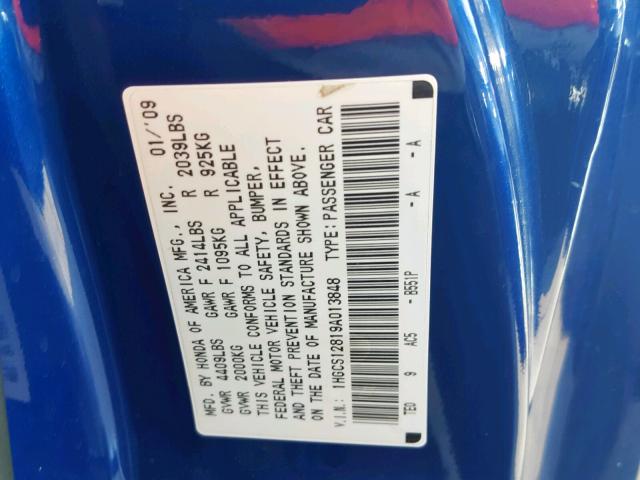 1HGCS12819A013848 - 2009 HONDA ACCORD EXL BLUE photo 10