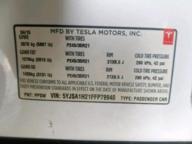 5YJSA1H21FFP79940 - 2015 TESLA MODEL S 85 WHITE photo 10