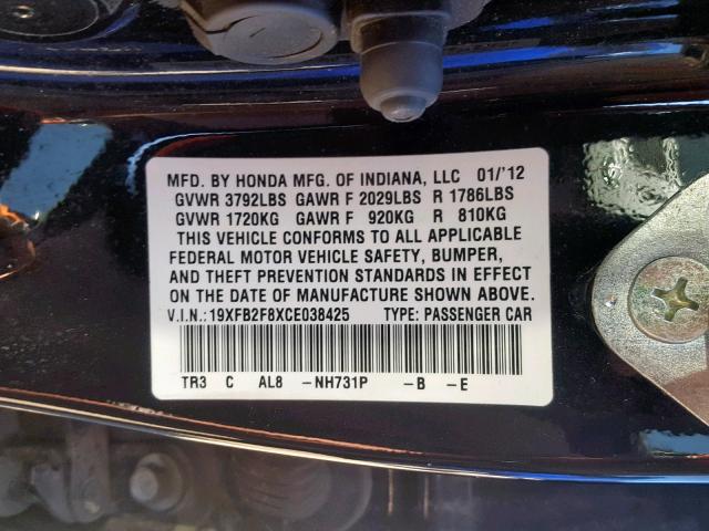 19XFB2F8XCE038425 - 2012 HONDA CIVIC EX BLACK photo 10