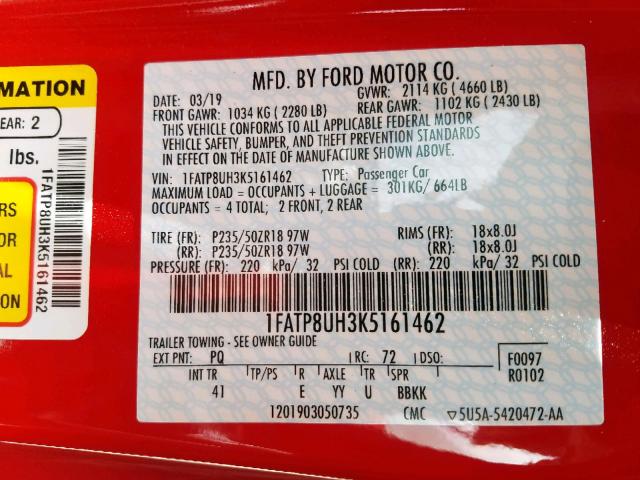 1FATP8UH3K5161462 - 2019 FORD MUSTANG RED photo 10
