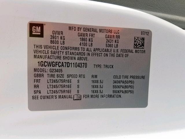 1GCWGFCA7D1104370 - 2013 CHEVROLET EXPRESS G2 WHITE photo 10