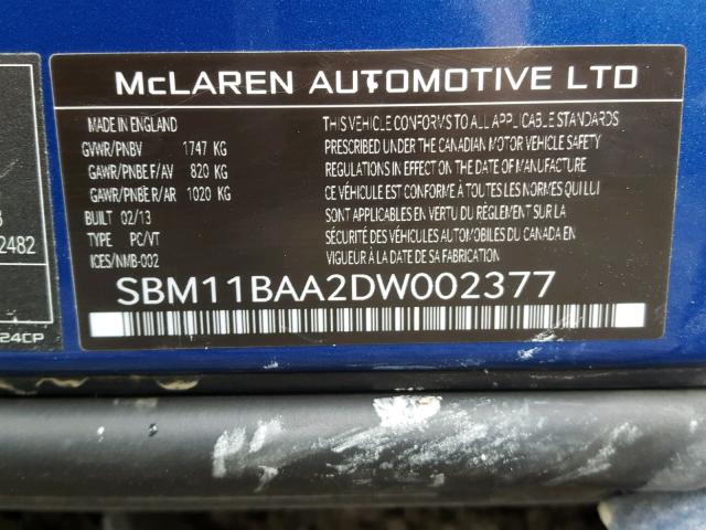 SBM11BAA2DW002377 - 2013 MCLAREN AUTOMOTIVE MP4-12C SP BLUE photo 10