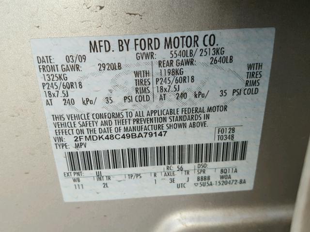 2FMDK48C49BA79147 - 2009 FORD EDGE SEL SILVER photo 10