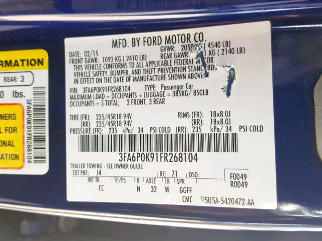 3FA6P0K91FR268104 - 2015 FORD FUSION TIT BLUE photo 10